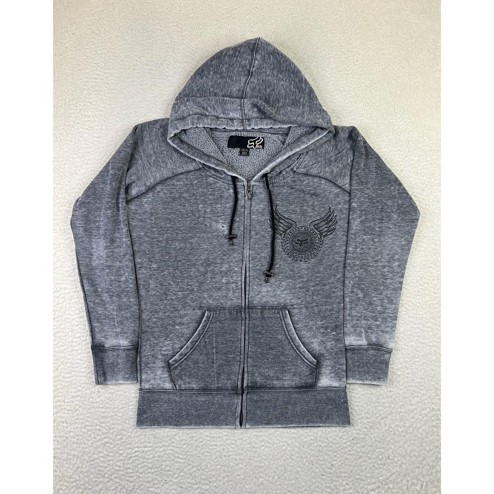 Fox Riders Co Hoodie Mens Medium Gray Zip Up Sherpa Fleece Lined Wing Graphic